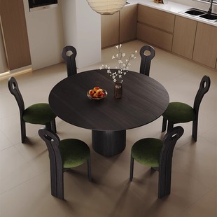 蓝色理想中古风实木圆桌家用小户型设计师圆形饭桌法式圆餐桌椅