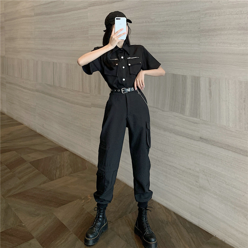 酷女孩穿搭女装短袖帅气套装工装裤搭配中性暗黑上衣服痞帅霸气夏