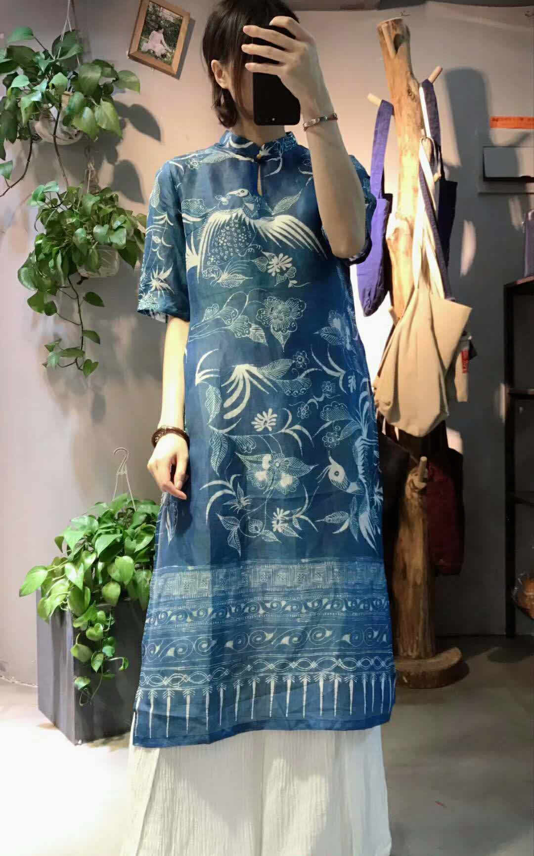 禅棉时光中式复古立领水滴领中袖蜡染蓝染印花青花瓷连衣裙袍子