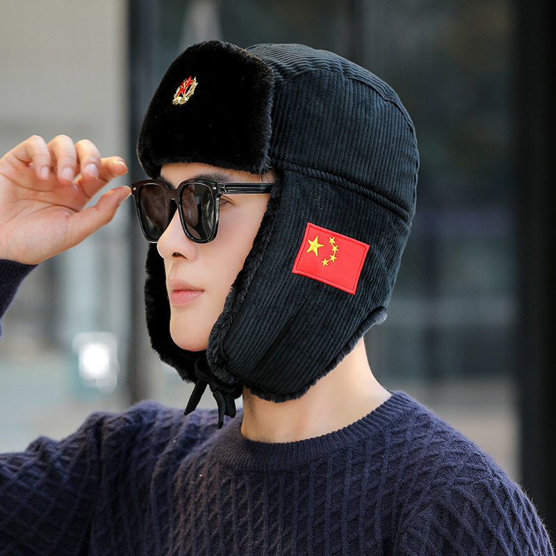 加绒加厚男士雷锋帽冬天护耳防风寒保暖国潮五星红旗东北棉帽子女