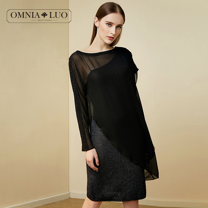 欧柏兰奴秋冬新款时尚打底网纱假两件套修身长袖连衣裙opql0539