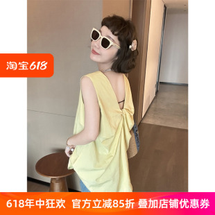 甜美风无袖娃娃衫女2024夏季新款时尚小众设计款交叉露背棉麻衬衫