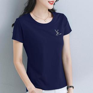 韩版圆领短袖t恤女装夏季薄款2024年新款修身洋气宝蓝色中年体桖