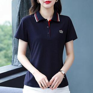 夏季polo衫短袖t恤女休闲衬衫2024新款带领黑色中年妈妈翻领上衣