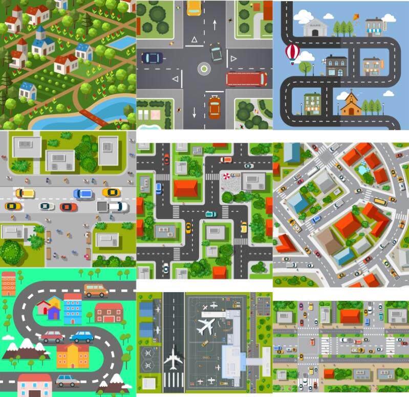 扁平化现代城市道路立体俯视地图导航三维图ai矢量素材设计模板