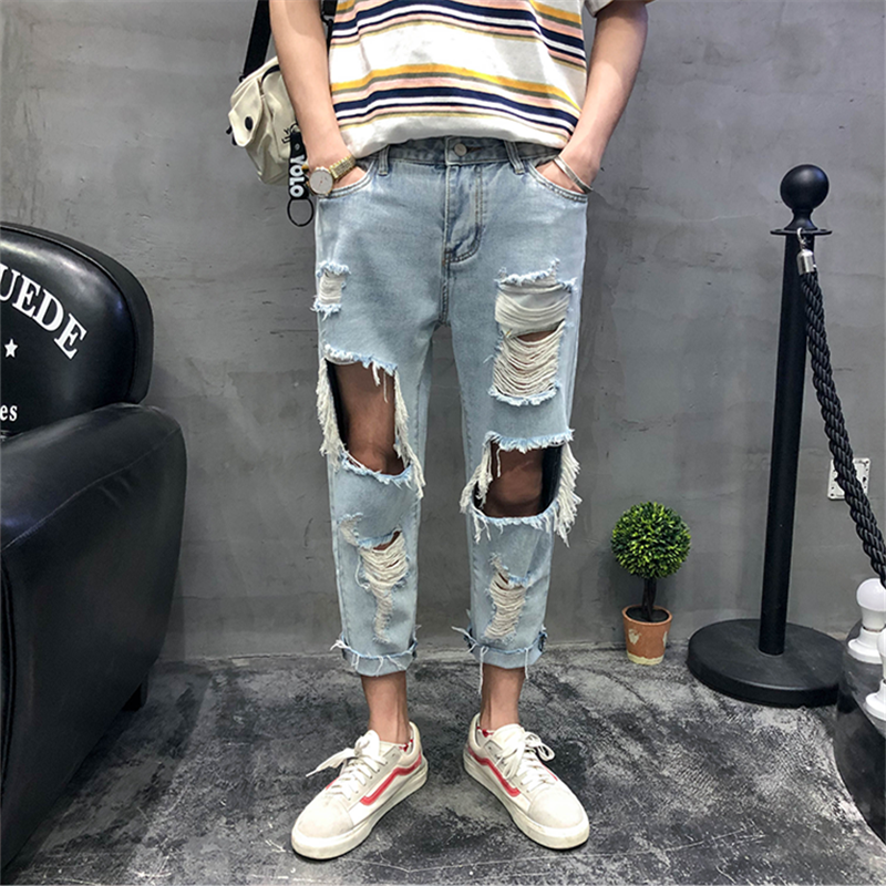 夏季韩版潮流刮烂大破洞牛仔裤男直筒膝盖乞丐裤子小脚九分裤情侣
