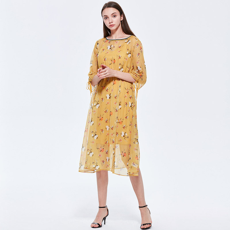 hply荷比俪女装2021夏季印花连衣裙子新款雪纺仙超仙甜美碎花长裙