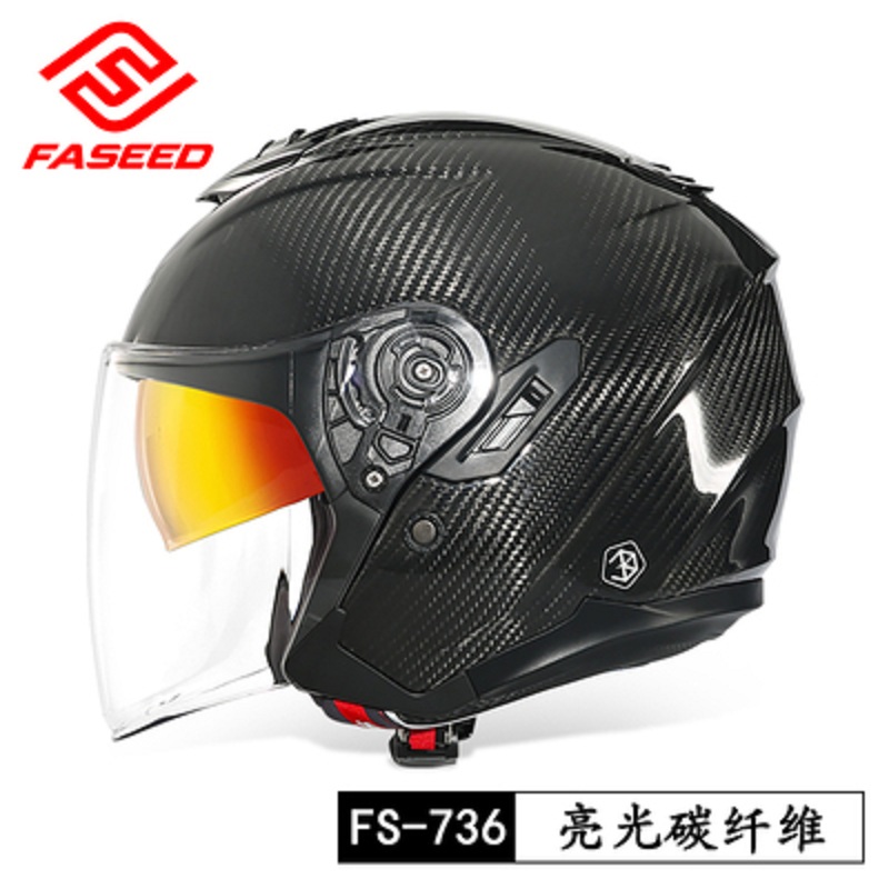 FASEED碳纤维半盔男双镜片四季机车踏板女四分之三摩托车头盔大码