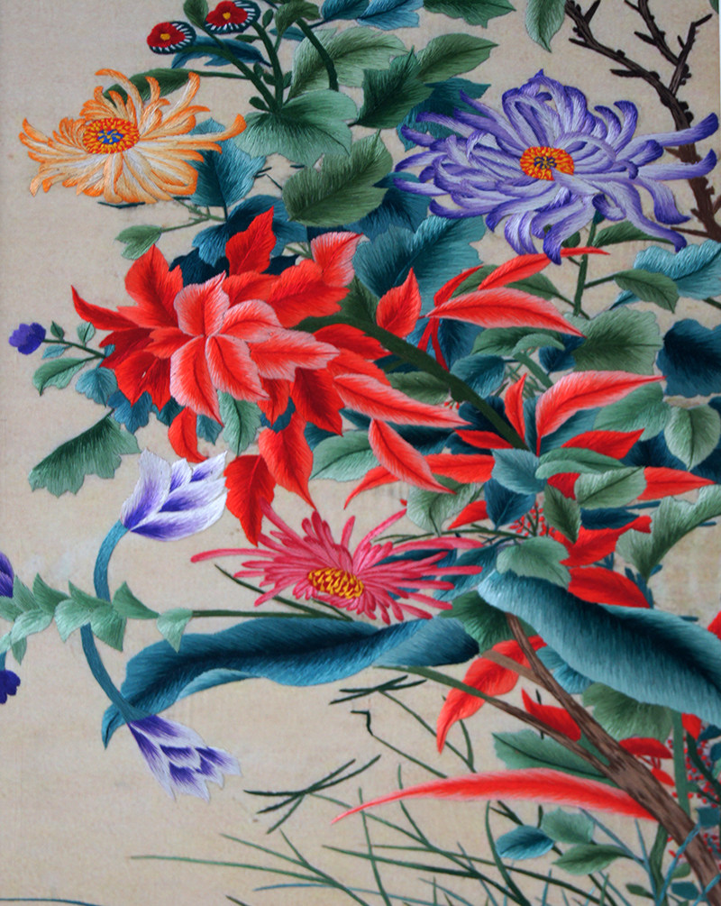 苏绣单面绣 《花卉四条屏》刺绣