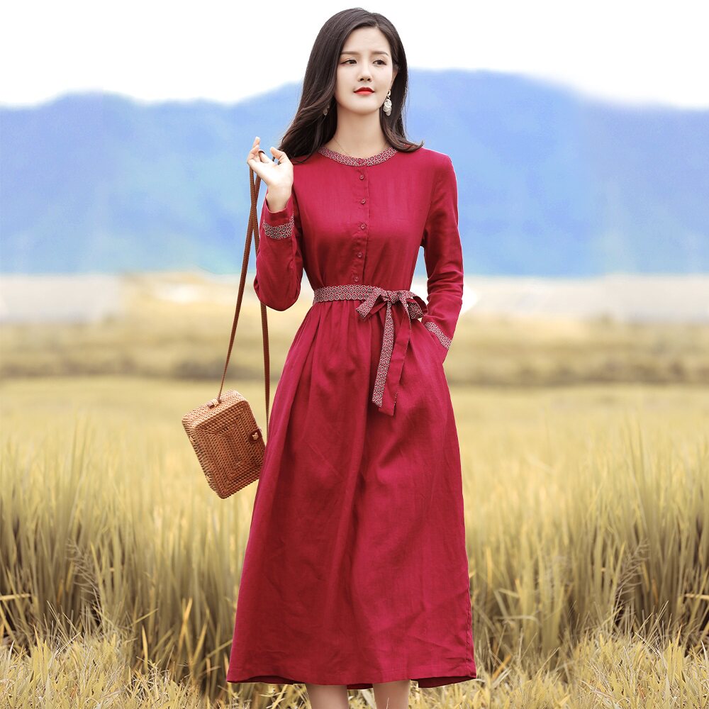 大全—2021春装新款女装亚麻连衣裙宽松文艺长袖棉麻酒红色袍子裙大摆