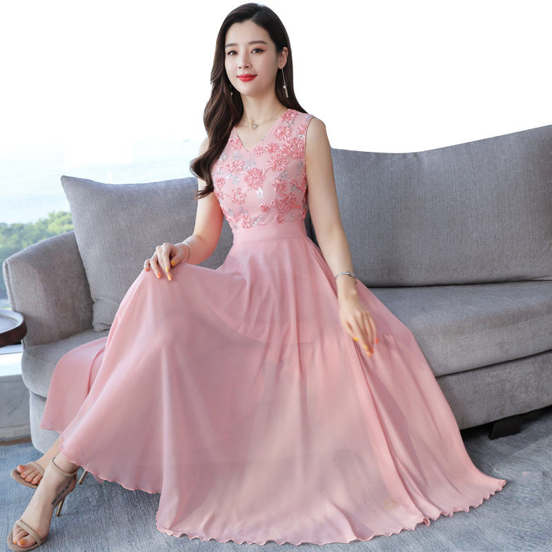 连衣服女2019夏新款显瘦气质阔太太有女人味仙女森系背心大摆长裙