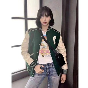 欧阳娜娜Lisa同款绿色拼接c字棒球服女潮牌ins宽松飞行夹克外套女