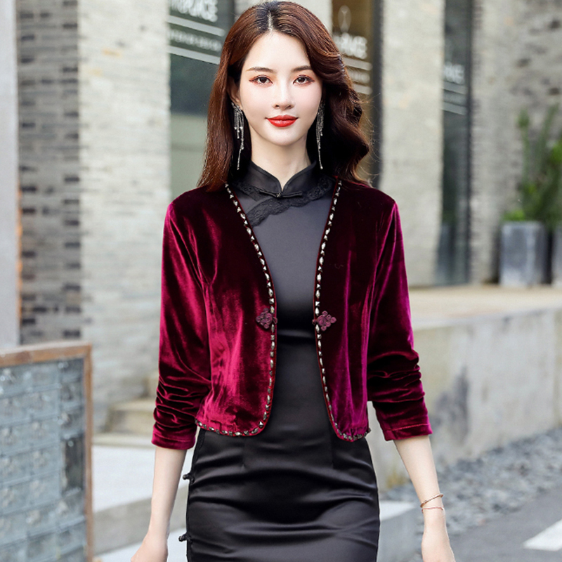 配旗袍裙子的披肩2021春秋金丝绒短外套女开衫长袖小西装外搭上衣