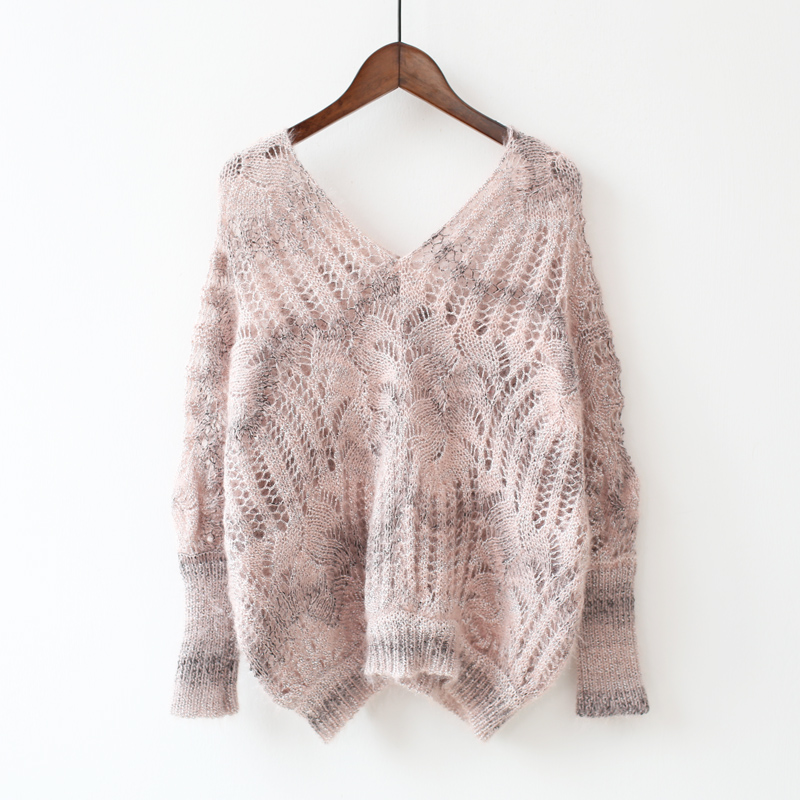 镂空马海毛毛衣女薄款宽松外穿秋冬海马毛套头慵懒风v领针织衫