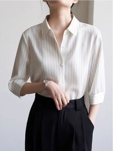 高级感职业白色条纹衬衫女夏季2024新款法式抗皱正装衬衣短袖上衣