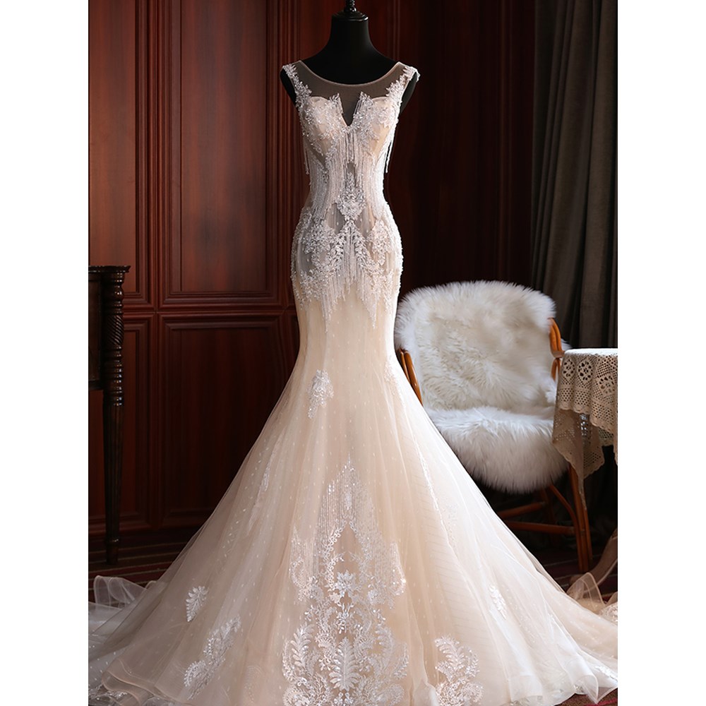 鱼尾裙婚纱拖尾纱 一字肩大额优惠券