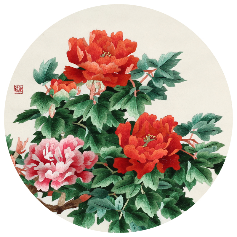 v【直供】国家非遗湘绣 牡丹《花开富贵》 手工刺绣单面绣卷轴