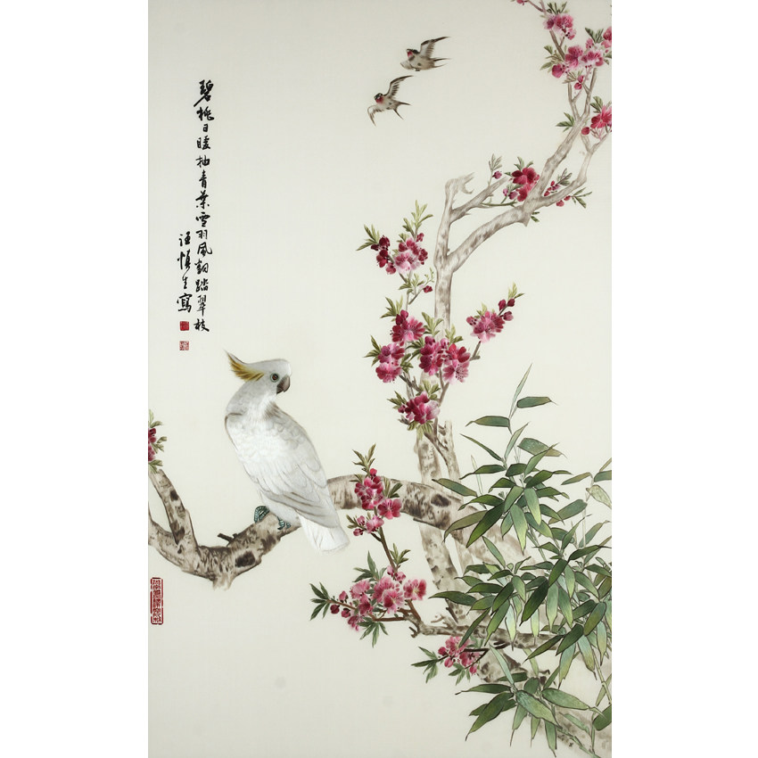 湘绣《春鸣图》 汪慎生花鸟稿件 单面绣壁挂