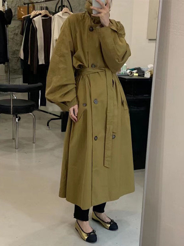 htbt2022春季新款韩国东大门超有范黄绿色时髦双排扣腰带长款风衣