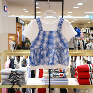 企划款T+女童短袖拼接T恤韩国儿童代购24夏假两件雏菊格子上衣圆