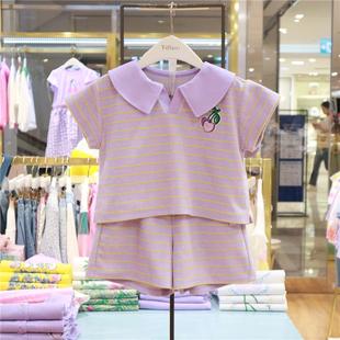 T+女童紫色条纹套装套装韩国童装代购24夏季时尚带领短袖T恤+短裤