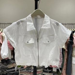 韩系POLO领短袖衬衫女薄款2024夏季新款复古工装夹克拉链短款衬衣
