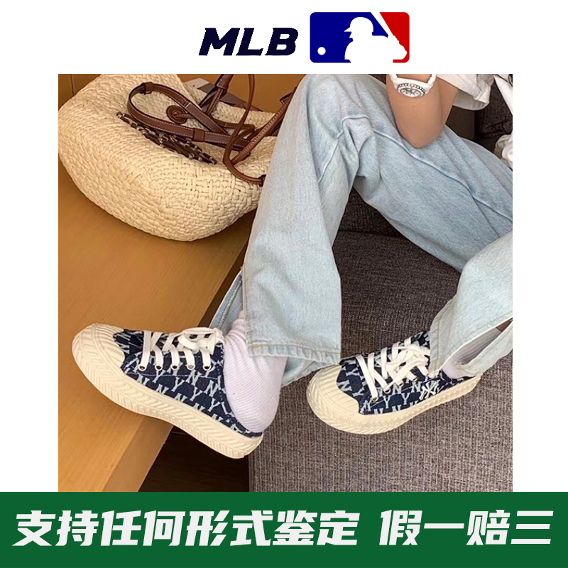 MLB正品男女复古老花满标运动休闲懒人一脚蹬饼干半拖鞋帆布鞋