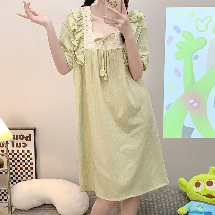 睡裙夏季韩版日系纯棉短袖少女大码睡衣甜美可爱卡通家居服连衣裙