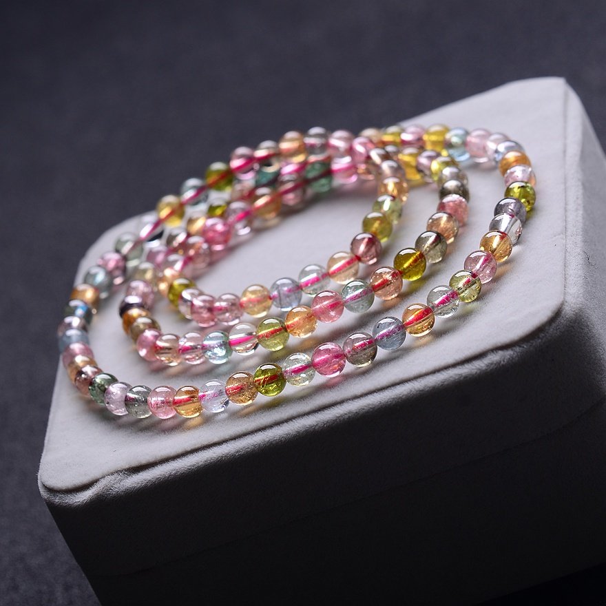 隆祥收藏 极品浅色系彩虹碧玺多圈手链 晶体通透