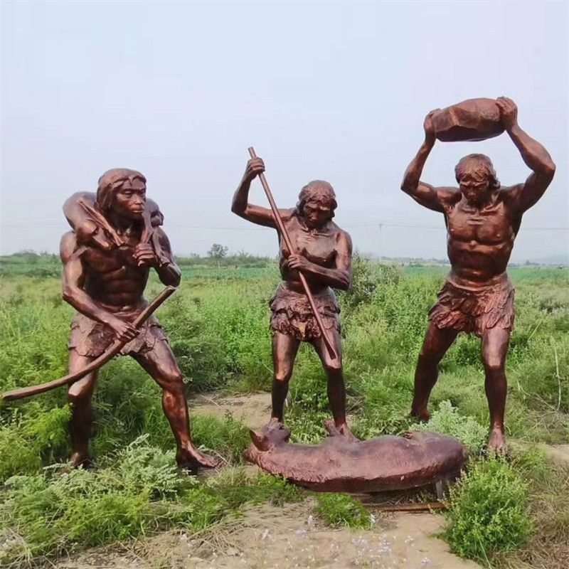 原始部落人物玻璃钢雕塑原始人雕像远古野人生活塑像进化论仿铜像