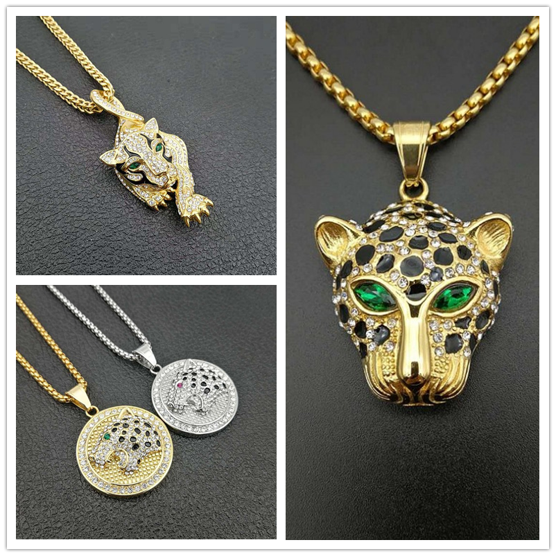 热销豹子头项链_绿眼猎豹子头圆牌吊坠镀金镶钻锆石hiphop钛钢项链