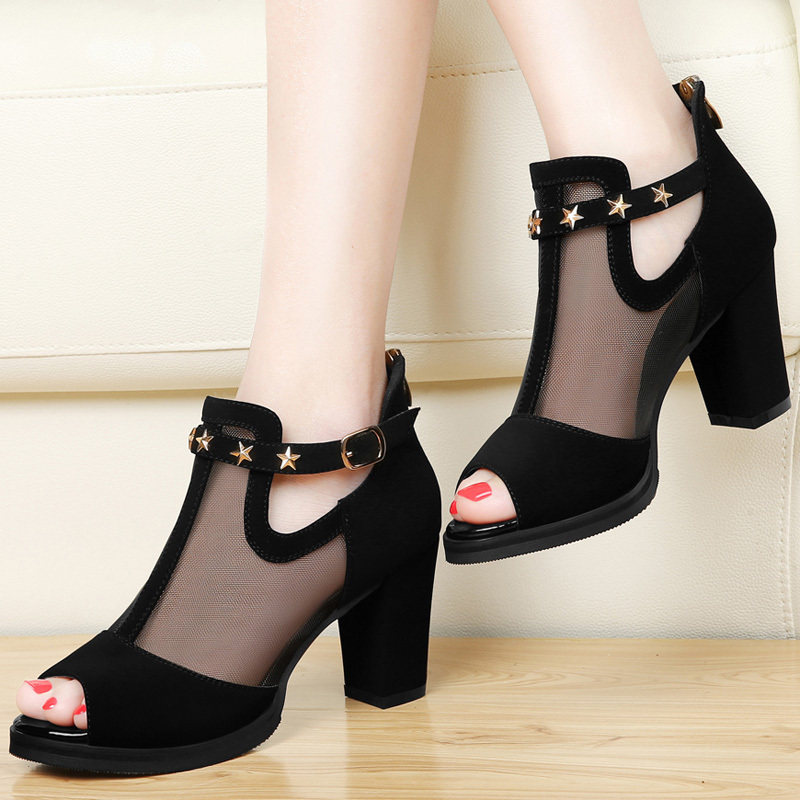 鱼嘴鞋女鞋2021新款春季网鞋中跟粗跟高帮网纱网靴凉鞋妈妈高跟鞋