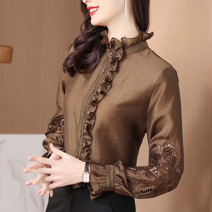 欧货真丝衬衫女2022年春季新款木耳边高端小衫洋气桑蚕丝大牌上衣