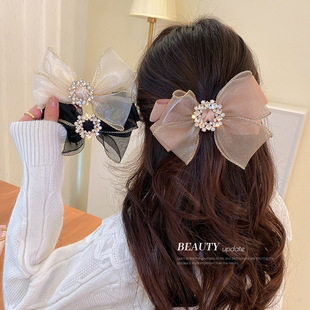 韩国镶钻花朵欧根纱蝴蝶结发夹时尚超仙气质弹簧夹夸张高级感发饰
