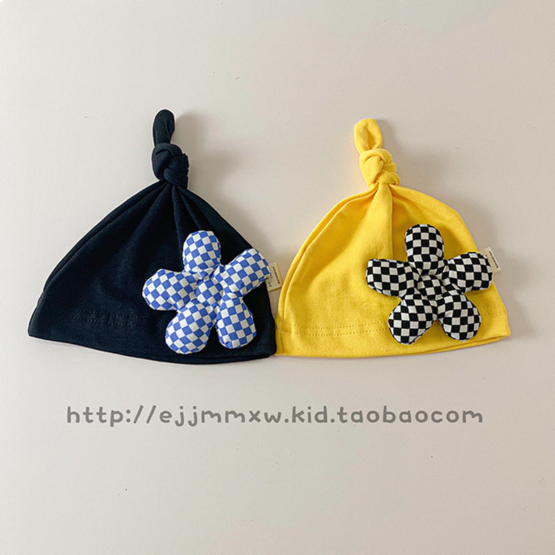 韩国婴儿帽子春秋薄款0-6个月宝宝洋气小花胎帽套头新生儿打结帽