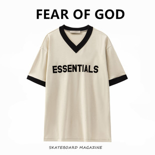 FEAR OF GOD FOG复线ESSENTIALS高街字母植绒宽松V领短袖T恤潮男