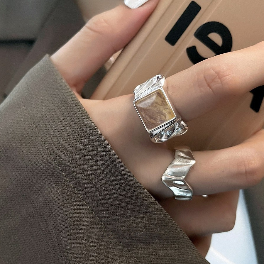韩版S925银个性方糖戒指女复古时尚几何V型开口指环嘻哈食指戒潮