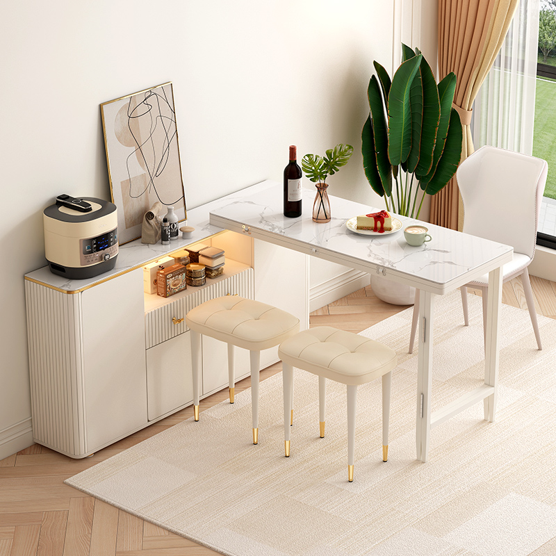 岩板可伸缩折叠餐桌一体餐边柜酒柜多功能组合简约家用饭桌小户型