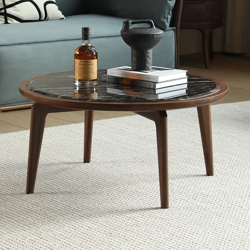 意式轻奢北美黑胡桃木大理石茶几北欧极简客厅圆形小桌子实木圆几