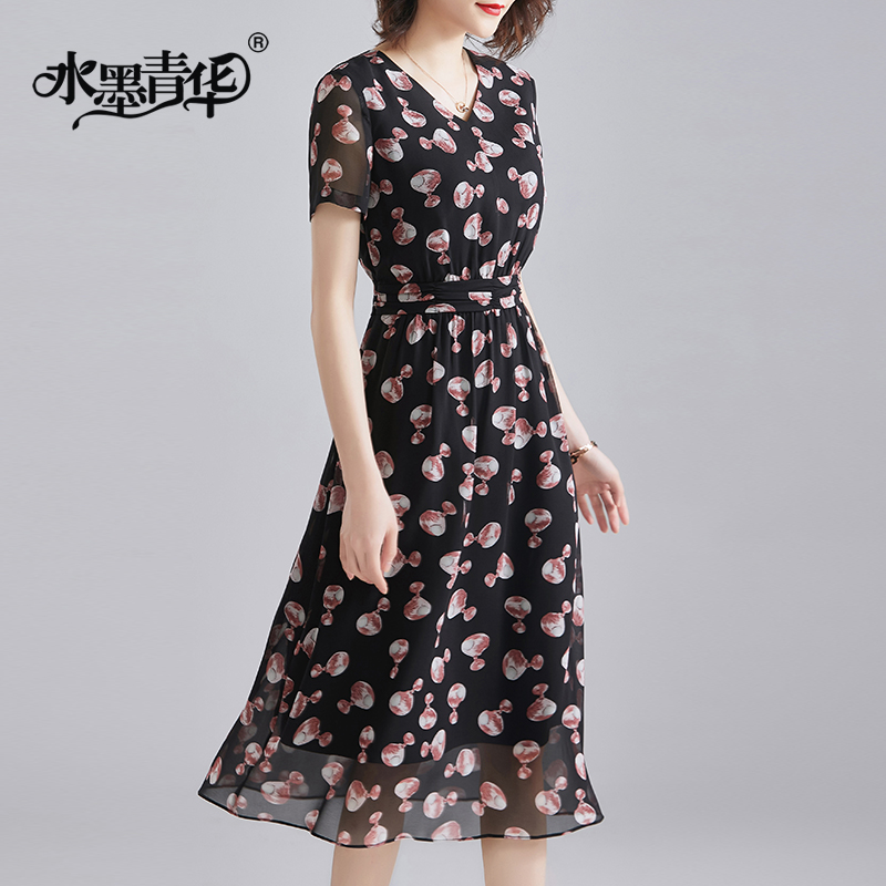 水墨青华女装2022新款时尚舒适花色裙子短袖大摆型雪纺连衣裙夏季