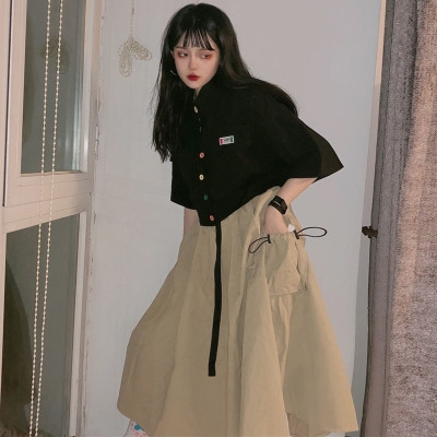 夏季韩版网红泫雅风套装工装半身裙短袖衬衣时尚洋气两件套女学.