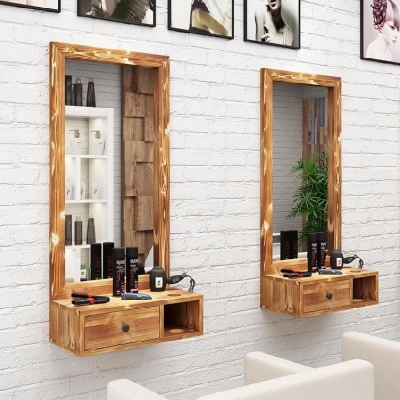 店镜子化妆单面镜框实木复古发廊落地镜试s衣壁挂纯实木理发店镜台