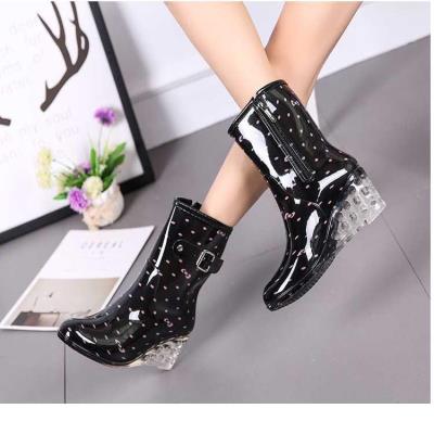 高跟雨鞋女韩国女士雨靴时尚成人带扣坡跟防水防滑中筒拉链水鞋