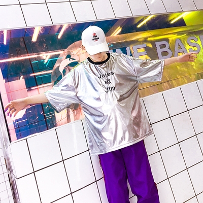 正品hiphop街舞嘻哈舞台演出服装男女团体跳舞亮面银色t恤衫夜店