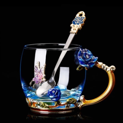 精美雕花珐琅彩水杯耐热玻璃杯花茶杯家用玻璃杯子套装带盖礼物加