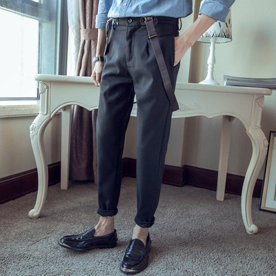宽松英伦裤修身休闲西裤背带裤潮流男士小脚韩版吊带裤秋冬款百搭