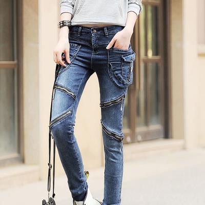 拉链牛仔裤女长裤个性图片