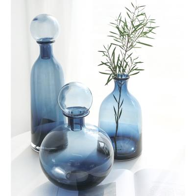 北欧蓝色灰色带盖玻璃瓶摆件花瓶样板房简约家居创意装饰绿色花器