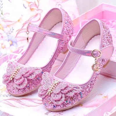 女童公主鞋小女孩子带蝴蝶的高跟鞋儿童舞蹈皮鞋学生瓢鞋子表演不