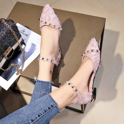 伴娘鞋 日常可穿2020春季新款中空凉鞋尖头中跟韩版鞋女交叉